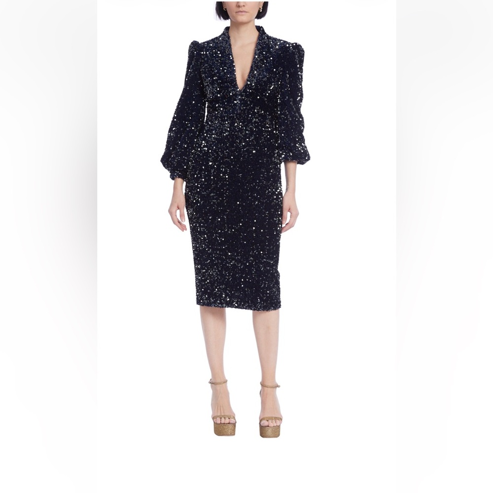 Badgley Mischka Sequin Cocktail Dress Navy Blue Size 10 Evening Party Glam